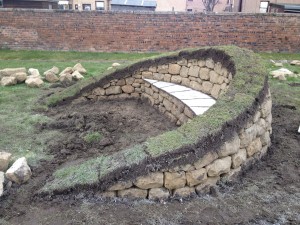 dry stone bench with turf top