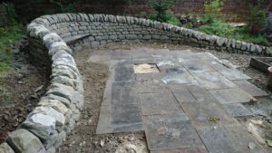 Dry stone bench and wall