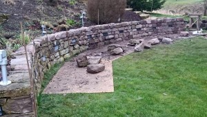 Dry stone retaining wall and lights