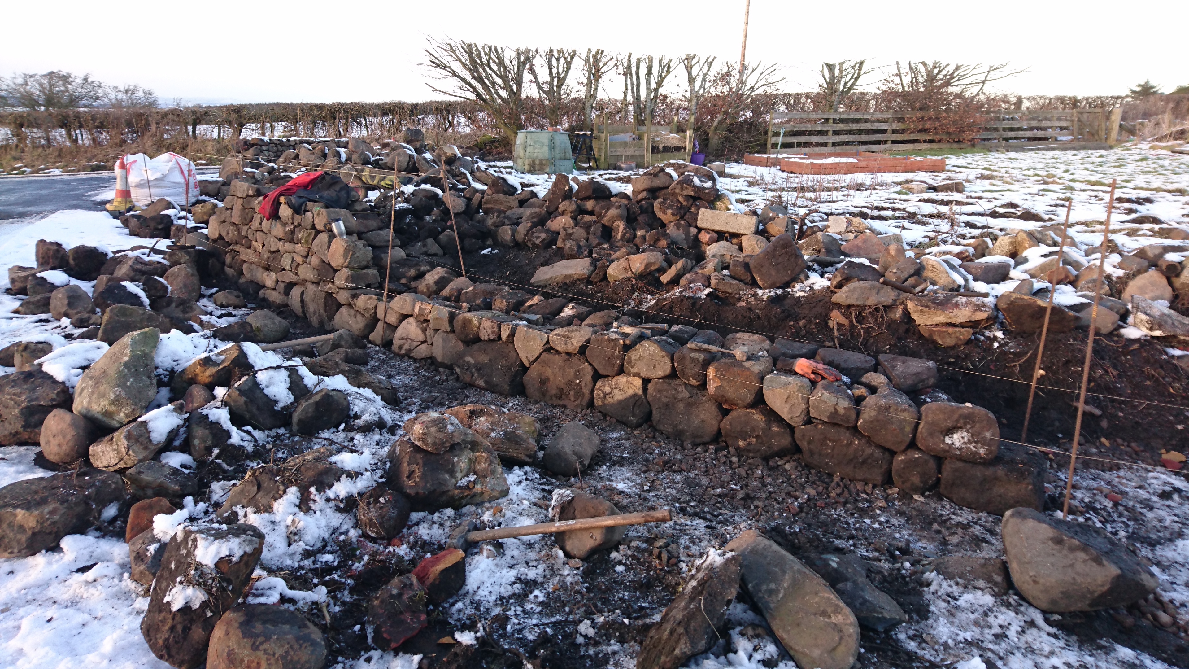 Dry stone walling in winter