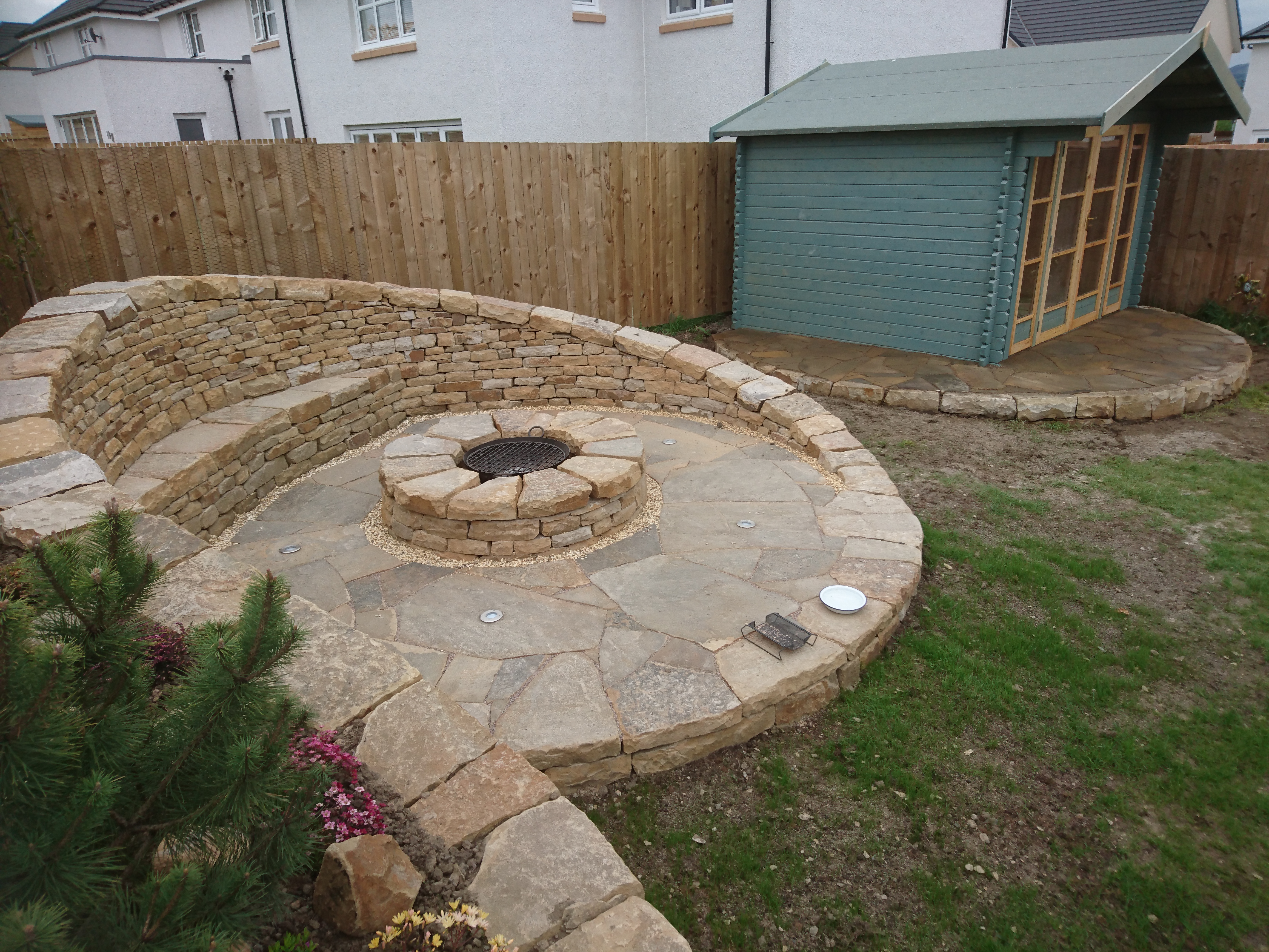 Dry stone bench and firepit