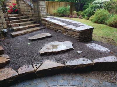 Chunky steps and dry stone raised beds