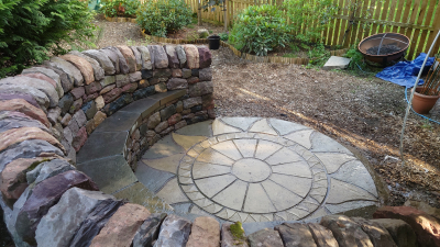 Dry stone bench in a garden in Cumbernauld