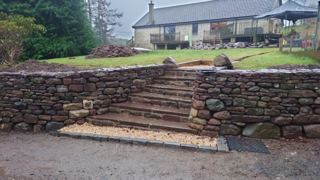 Dry stone retaining wall and steps, Perthshire.