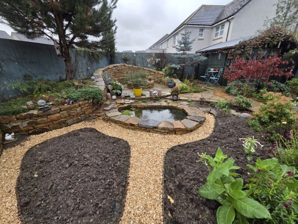 Rosewell garden - new pond, paths and planting