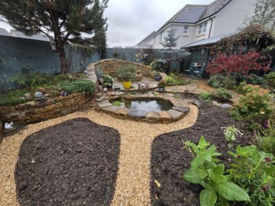 Rosewell garden - new pond, paths and planting