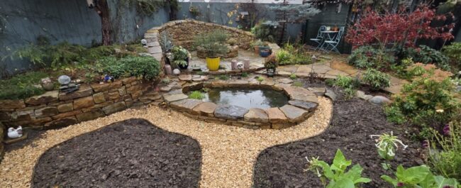 Rosewell garden - new pond, paths and planting