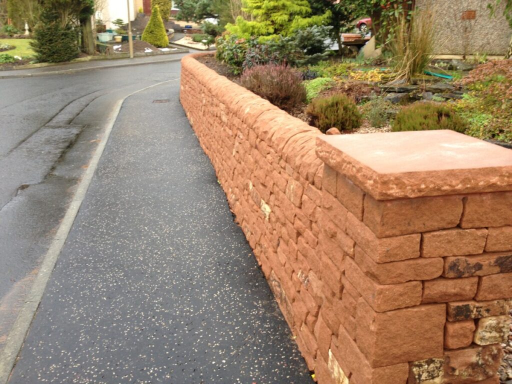Bathgate, West Lothian red sandstone boundary wall and pillars
