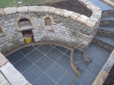 Edinburgh - sunken garden dry stone sitooterie and pizza oven